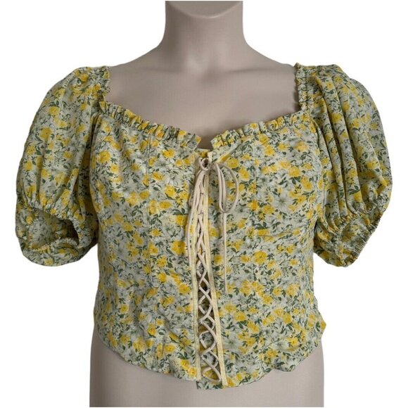 ASTR Womens Floral Smocked Top Medium Yellow Puff Sleeve Cropped Boning NWT - Picture 1 of 12